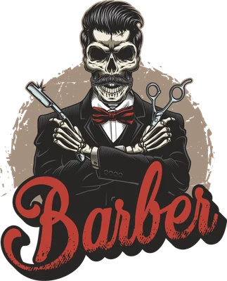 Hình minh họa đầu lâu mặc vest thắt nơ cầm kéo và dao cạo râu phong cách barber cổ điển