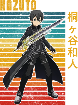 Nhân vật Kirito từ Sword Art Online cầm kiếm, với nền sọc ngang màu retro và chữ Kanji.