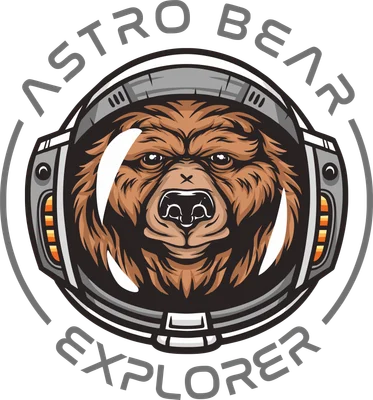 Hình minh họa gấu nâu đội mũ phi hành gia phong cách hoạt hình, chữ Astro Bear Explorer