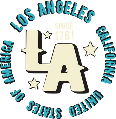 Logo LA California 1781 với chữ 'Los Angeles' và 'California' bao quanh, có ngôi sao và chữ 'LA' lớn.