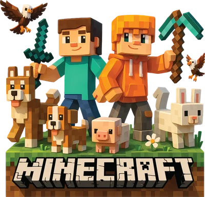 Hai nhân vật Minecraft với chó, lợn, thỏ, chim và công cụ trong game.