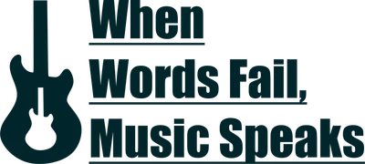 Hình ảnh minh họa cây đàn guitar và dòng chữ "When Words Fail, Music Speaks" (Khi lời nói thất bại, âm nhạc lên tiếng).