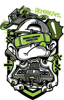 Hình minh họa khỉ hoạt hình đeo kính VR chơi DJ, phong cách street art với chữ RACE-HO và streetArt, màu xanh lá và trắng trên nền xám.