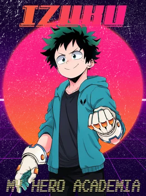 Nhân vật anime Deku từ My Hero Academia với mái tóc xanh, mặc áo khoác xanh, trên nền retro synthwave.