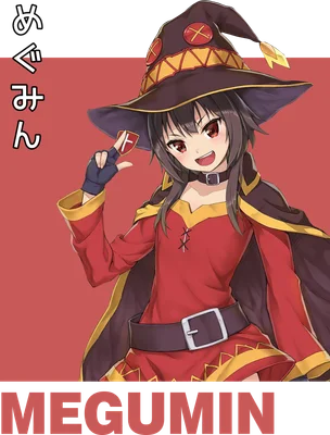 Hình ảnh Megumin, nhân vật anime cô gái phù thủy với mái tóc đen, đội mũ phù thủy đỏ và vàng, mặc trang phục đỏ, đang cười tươi.