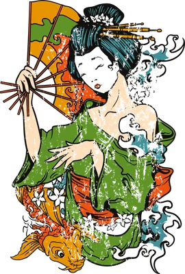 Hình minh họa Geisha Nhật Bản mặc kimono xanh, cầm quạt giấy và cá chép koi phong cách nghệ thuật cổ điển