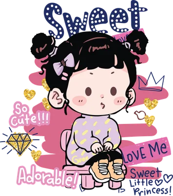 Hình ảnh minh họa cô bé chibi tóc búi hai bên, mặc váy chấm bi, ngồi trên ghế màu hồng, với các họa tiết trái tim vàng và chữ "Sweet", "So cute!!!", "Adorable!", "LOVE Me", "Sweet Little Princess".