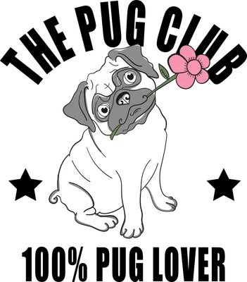 Hình ảnh minh họa chó Pug trắng với hoa hồng hồng trên nền xám, có chữ 'THE PUG CLUB' và '100% PUG LOVER'.