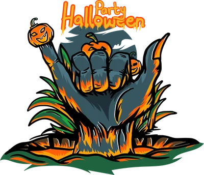 Hình minh họa bàn tay zombie màu xám xanh giơ dấu hiệu rock, trang trí bí ngô và lá xanh, chữ Party Halloween.
