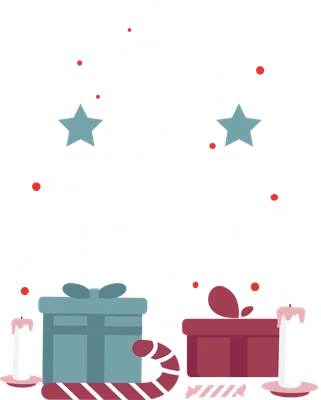 Hình ảnh cây thông Noel cách điệu với dòng chữ 'We Wish You a Merry Christmas', kèm quà tặng, kẹo và nến.
