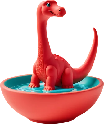 Hình ảnh 3D khủng long cổ dài màu đỏ tươi cười đứng trong tô nước màu đỏ viền xanh