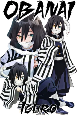 Hình ảnh Obanai Iguro từ anime Demon Slayer với nhiều biểu cảm khác nhau, có chữ 'OBANAI' và 'IGURO'.
