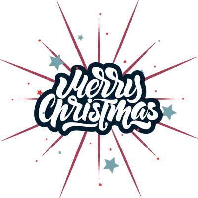 Chữ Merry Christmas trắng nổi bật trên nền xám với hiệu ứng pháo hoa và các ngôi sao nhỏ màu xanh và đỏ.