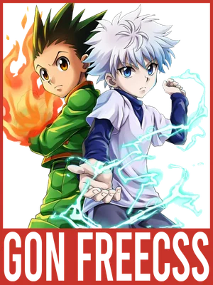 Hình ảnh hai nhân vật anime Gon và Killua từ Hunter x Hunter, Gon có lửa, Killua có điện.