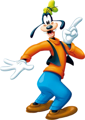 Hình ảnh nhân vật hoạt hình Goofy của Disney đang đứng, tay phải chỉ lên, miệng cười tươi vui vẻ trên nền xám.