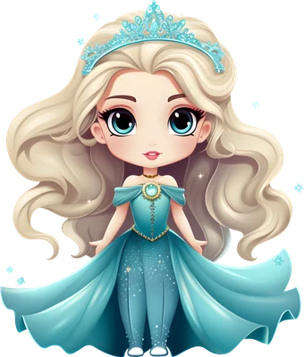 Hình ảnh công chúa hoạt hình chibi tóc vàng, mắt xanh to tròn, mặc váy xanh ngọc và đội vương miện lấp lánh.