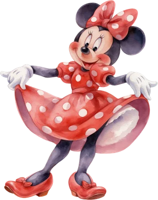 Hình ảnh Minnie Mouse hoạt hình vẽ màu nước, mặc váy chấm bi đỏ, đang tạo dáng vui tươi.