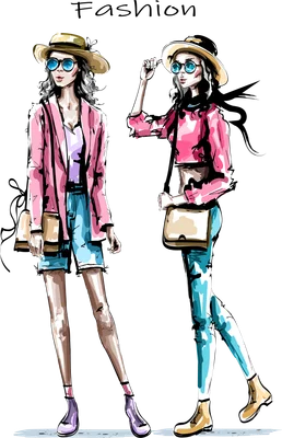 Bản vẽ hai cô gái thời trang mặc áo khoác hồng, quần short/jeans, mũ rộng vành và kính râm.
