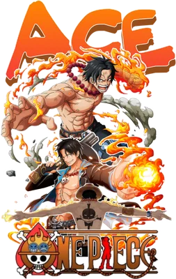 Hình ảnh Portgas D. Ace từ One Piece với hiệu ứng lửa, logo One Piece.