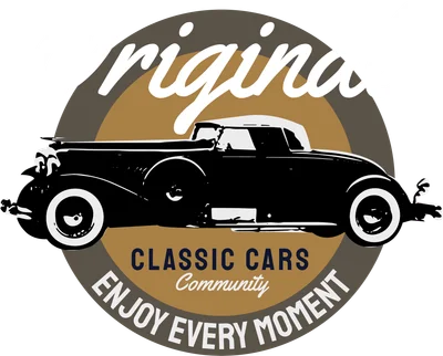 Hình minh họa xe ô tô cổ điển màu đen trắng trên nền tròn nâu xám, có chữ 'Original Classic Cars Community Enjoy Every Moment'.