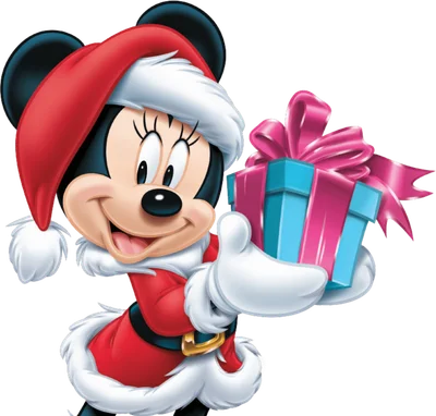 Minnie Mouse hoạt hình mặc trang phục Giáng Sinh màu đỏ trắng, đội mũ Noel và đeo găng tay, đang mỉm cười và cầm một hộp quà màu xanh hồng.