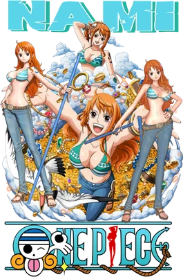 Hình ảnh Nami trong One Piece với nhiều phiên bản, bao quanh bởi kho báu và tiền vàng.