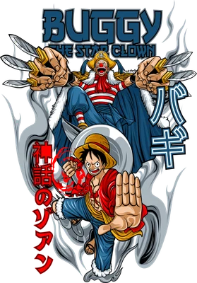 Hình ảnh minh họa hai nhân vật anime Luffy và Buggy trong One Piece, với Buggy ở trên và Luffy ở dưới.