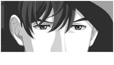 Hình ảnh cận mặt nhân vật anime nam với ánh mắt sắc sảo, tóc đen, phong cách manga.