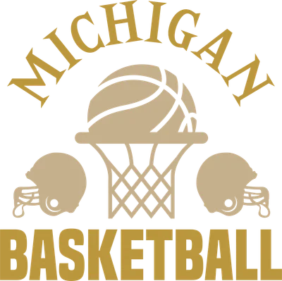 Logo Michigan Basketball với bóng rổ, rổ bóng và hai mũ bảo hiểm, màu vàng kim trên nền xám.