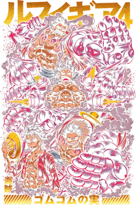 Hình ảnh Luffy Monkey D. trong One Piece với các trạng thái Gear 4, thể hiện sức mạnh và sự quyết tâm.