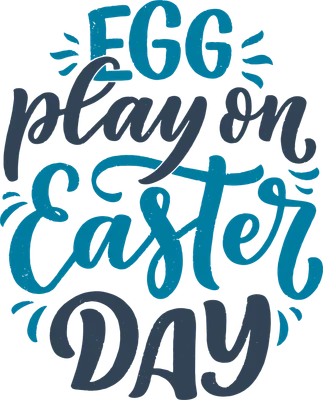 Thiết kế chữ 'EGG play on Easter DAY' với phông chữ viết tay màu xanh dương và xanh đậm, trang trí họa tiết nhỏ.