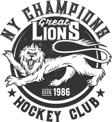 Logo hình sư tử trắng đang gầm trong vòng tròn đen, chữ Great Lions, NY Champions, Hockey Club, ESTD. 1986