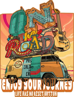 Hình ảnh minh họa xe bus cổ điển màu cam xanh, guitar, và các biển báo neon với dòng chữ "On The Road" và "Enjoy Your Journey".
