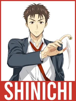 Hình vẽ anime Shinichi Izumi, nhân vật chính trong Parasyte, với ký sinh trùng Migi trên tay phải, mặc áo sơ mi trắng, cà vạt đỏ và áo khoác xanh.