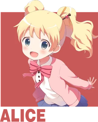Hình ảnh cô bé Alice tóc vàng buộc hai bím, mặc áo hồng, đeo nơ hồng, phong cách anime dễ thương.