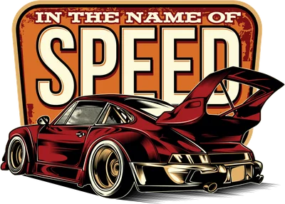 Hình minh họa xe thể thao màu đỏ với cánh gió lớn và chữ 'IN THE NAME OF SPEED' trên nền cam.