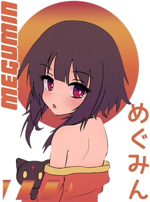 Hình ảnh cô gái anime Megumin với mái tóc nâu, mắt tím, mặc áo đỏ, ôm mèo đen, có chữ tiếng Nhật.