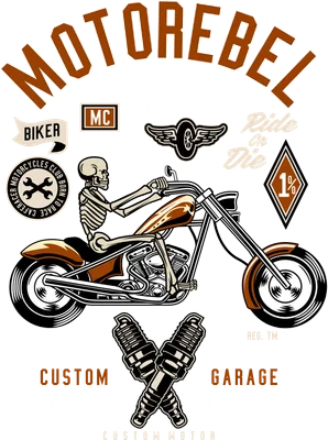 Hình minh họa bộ xương lái xe mô tô phong cách biker cổ điển với các chi tiết cờ lê và bugi