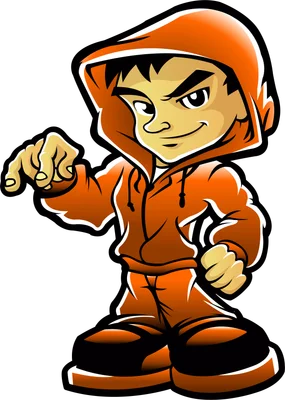 Hình ảnh hoạt hình một chàng trai trẻ mặc áo hoodie và quần màu cam, tạo dáng tự tin với ngón tay trỏ hướng về phía trước.