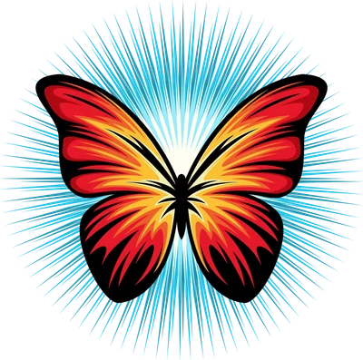 Hình ảnh minh họa một con bướm với đôi cánh màu đỏ, cam, vàng rực lửa, tỏa ra ánh sáng xanh.