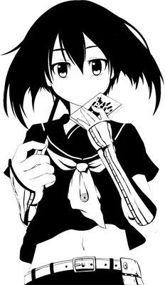 Hình vẽ anime cô gái tóc đen, mặc đồng phục thủy thủ, cầm một lá bài tây trên tay.