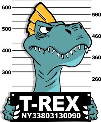 Hình ảnh hoạt hình khủng long T-Rex màu xanh ngọc với bờm vàng, tạo dáng chụp ảnh mugshot trên nền thước đo chiều cao, tay cầm bảng chữ T-REX.