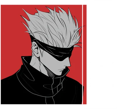 Hình vẽ nhân vật Gojo Satoru từ Jujutsu Kaisen, đeo băng mắt, tóc trắng, mặc áo đen, nền đỏ và xám.