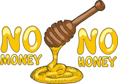 Hình ảnh minh họa chữ NO MONEY NO HONEY với muỗng gỗ đang nhỏ mật ong vàng óng xuống.