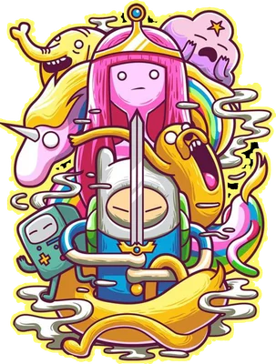 Hình ảnh Finn, Jake, Công chúa Bong bóng và các nhân vật khác từ Adventure Time với phong cách hoạt hình vui nhộn.