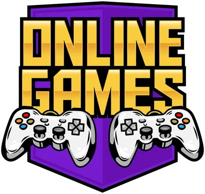 Logo Online Games với hai tay cầm game trắng, nền màu tím và vàng, phong cách retro arcade