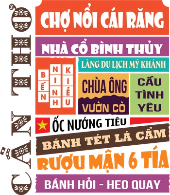 Thiết kế đồ họa liệt kê các địa danh và món ăn đặc sản của Cần Thơ như Chợ Nổi Cái Răng, Bến Ninh Kiều, Bánh Tét Lá Cẩm với nhiều khối màu và font chữ khác nhau.