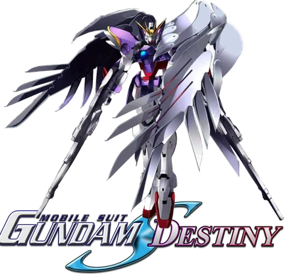 Hình ảnh robot Gundam Destiny với đôi cánh trắng đen, vũ khí và logo Gundam Destiny.