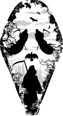 Hình ảnh tử thần trong rừng đêm, có quạ bay và lưỡi hái, phong cách silhouette đen trắng.