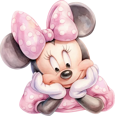 Hình ảnh Minnie Mouse hoạt hình dễ thương, đội nơ hồng chấm bi, phong cách màu nước, đang tựa cằm suy tư.